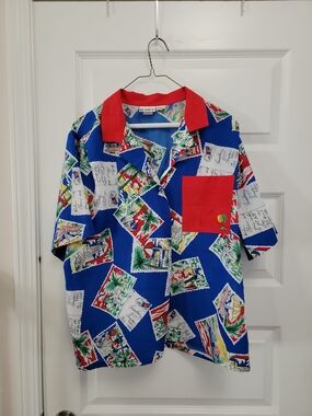 Koret Vintage Blouse Shirt Top Postcards Palm Trees Red Blue Size L Large